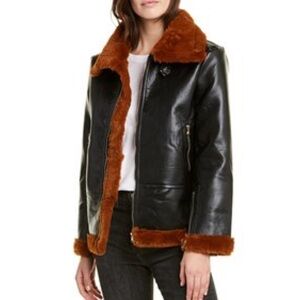 𝅺LIONESS Black Faux Leather Jacket Faux Fur Lining and Trim